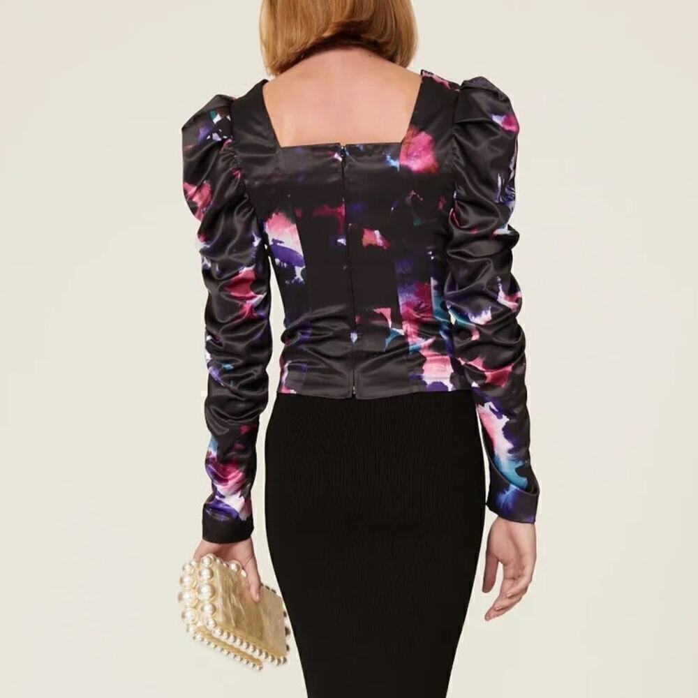 Badgley Mischka Bustier Top Printed Satin Sweetheart Neck Puff Sleeve Black 12 - Picture 2 of 10